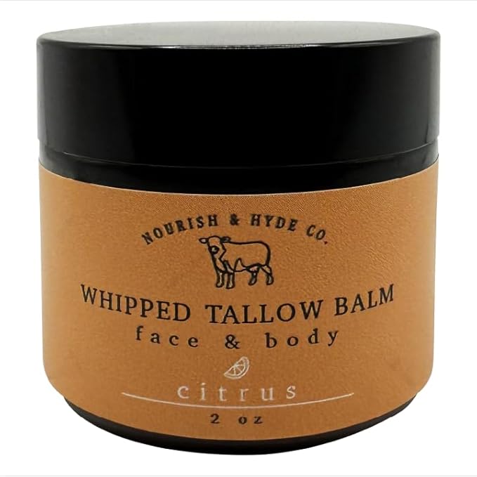 Nourish & Hyde Co. 100% Grass-Fed Tallow Whipped Balm & Lotion – 2 oz | Moisturizer for Face & Body | Beef Tallow for Skin | No Seed Oils, Handcrafted in USA (Citrus)