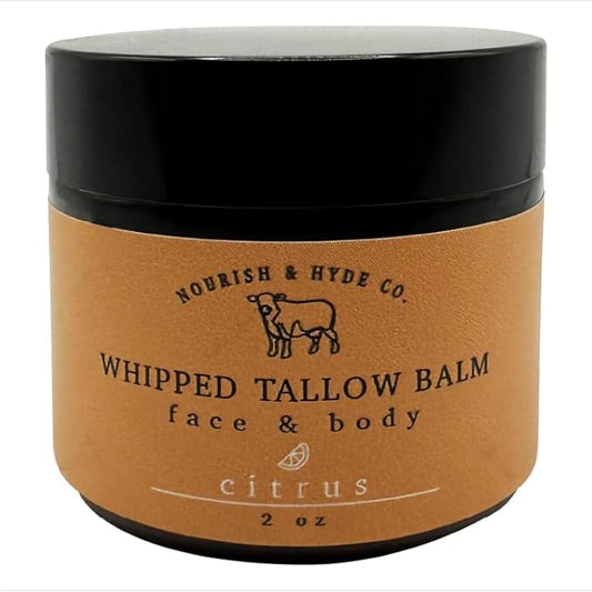 Nourish & Hyde Co. 100% Grass-Fed Tallow Whipped Balm & Lotion – 2 oz | Moisturizer for Face & Body | Beef Tallow for Skin | No Seed Oils, Handcrafted in USA (Citrus)