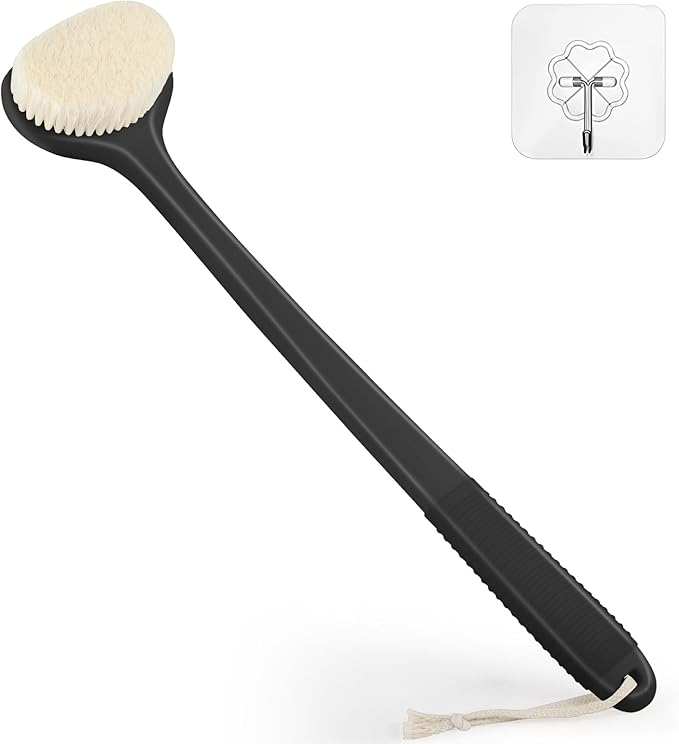 VANZAVANZU Back Scrubber for Shower, Bath Brush with 17-Inch Long Anti-Slip Handle, Wet and Dry Brushing Body Brush for Body Cleansing, Back Brush for Men and Women (Black)