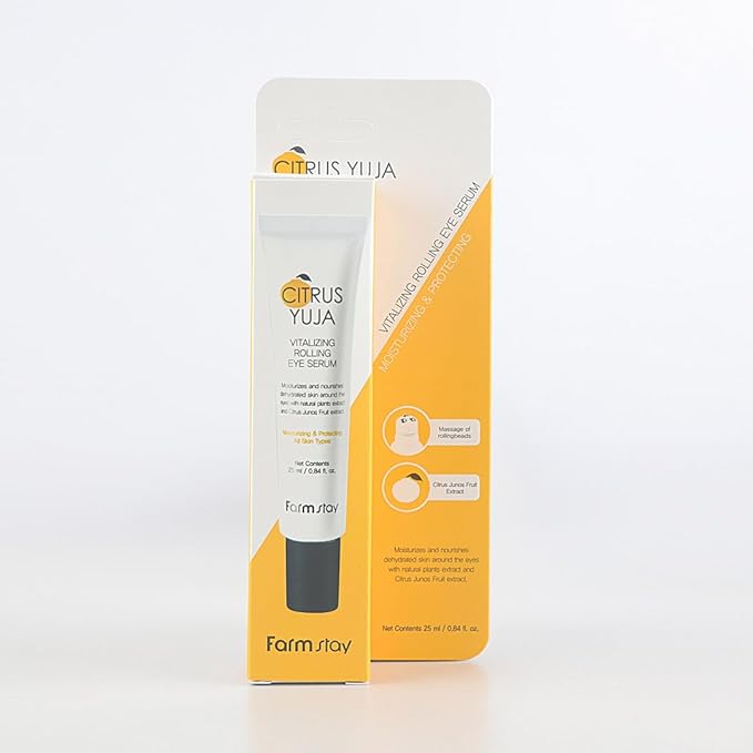 Farmstay Citrus Yuja Vitalizing Rolling Eye Serum – Vitamin C Care with Niacinamide & Hyaluronic Acid for Wrinkle, Puffiness, Deep Hydrating & Cooling, Korean Skin Care, for Women & Men 0.8 fl oz