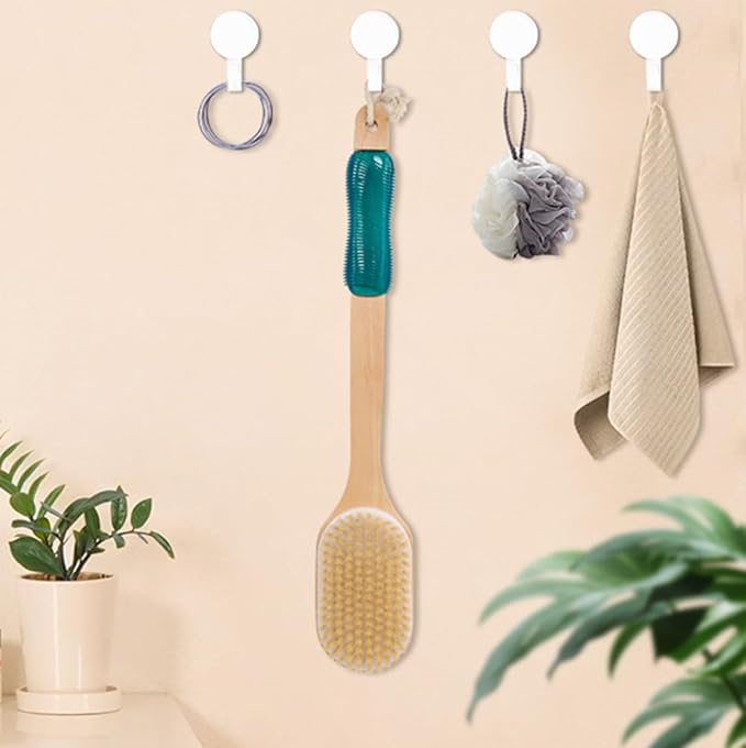 OWIIZI Back Scrubber for Shower Large Surface Body Scrub Brush Stiff Boar Bristles Wooden Curved Long Handle Antiskid Bath Brush for Wet or Dry Brushing