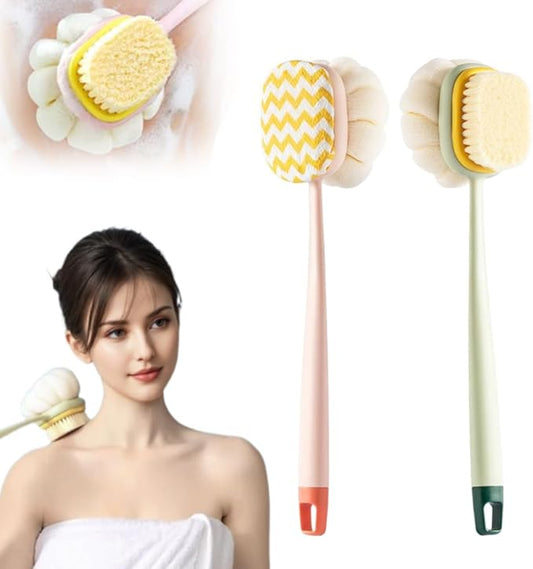 2-in-1 Bath Scrubber Back Brush,2025 New Shower Body Brush with Bristles and Loofah,Double-Sided Bath Back Scrubber with Long Handle for Women, Men, The Elderly (Pink A+Green B)