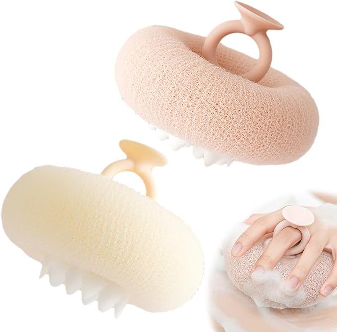 Super Soft Sunflower Suction Cup Bath Ball, 2025 New 2 in 1 Exfoliating Bath Sponge Cleaning Brush with Finger Rings, Sponge Mesh Pouf Shower Ball for Women & Men (Apricot+Yellow)