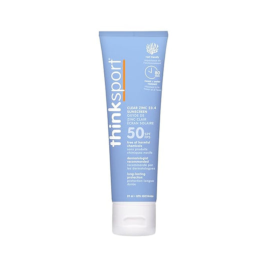 Thinksport SPF 50+ Mineral Sunscreen with Clear Zinc Oxide, 3 Fl Oz – Safe, Natural, Water Resistant, Broad Spectrum UVA/UVB Sun Screen for Sun Protection – Vegan, Reef Safe Sunscreen