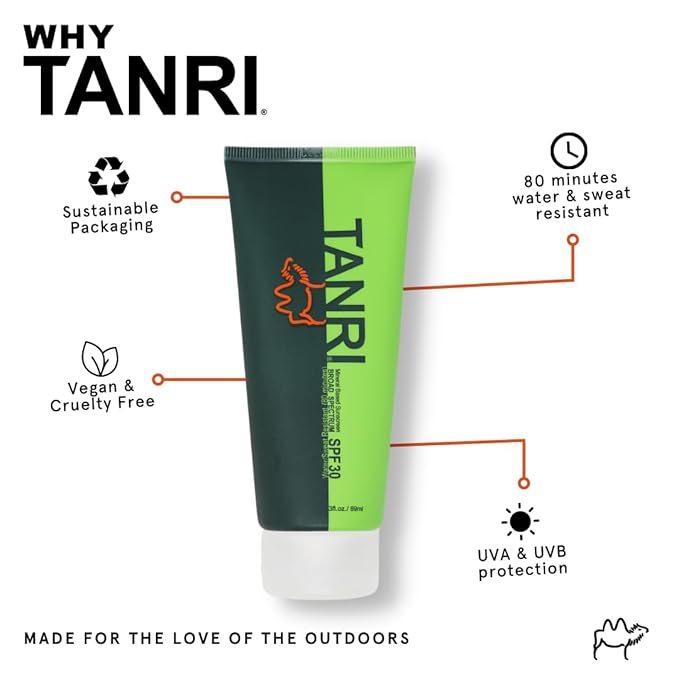 TANRI Mineral Sunscreen SPF30; Reef Safe Sunscreen for Face & Body, Zinc Oxide with Zero White Cast, SPF30 Sunblock for Hiking, Running and Outdoor Sports; 3 fl. oz. (2-Pack)