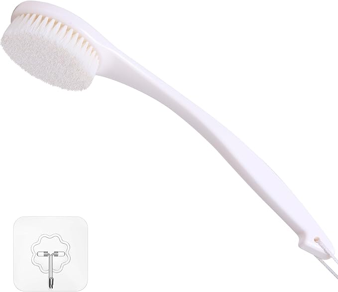 Bath Brush Long Handle for Shower, Soft Bristle Back Scrubber for Shower, Ergonomics Curved Long Handle Back Brush Exfoliating Body Scrubber with Hook and Lanyard-Cream White