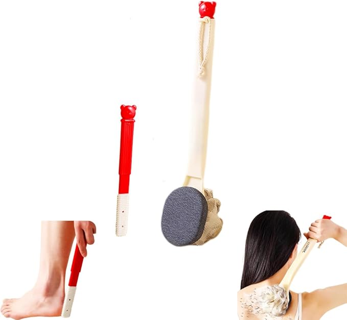 Long Handle Double Sided Shower Body Brush,Back Scrubber Bath Mesh Sponge with Curved Long Handle for Skin Exfoliating Bath,with Shower Foot Scrubber Brush,1 Piece.