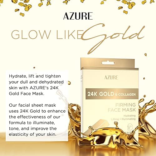 Azure Cosmetics 24K Gold Firming Face Mask- Anti Aging, Hydrating, Toning & Firming Facial Sheet - Helps Reduce Wrinkles & Fine Lines - With Hyaluronic Acid & Collagen - Made in Korea - Pack of 5
