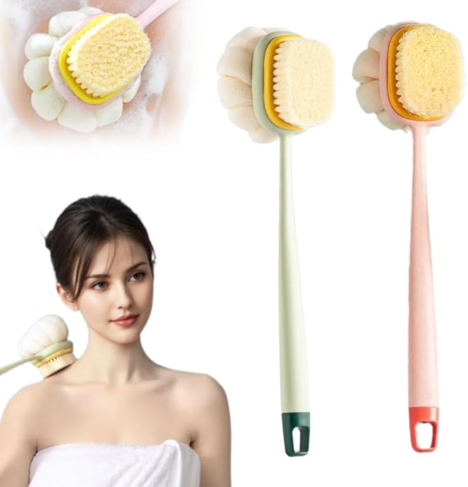 2-in-1 Bath Scrubber Back Brush,2025 New Shower Body Brush with Bristles and Loofah,Double-Sided Bath Back Scrubber with Long Handle for Women, Men, The Elderly (Pink B+Green B)