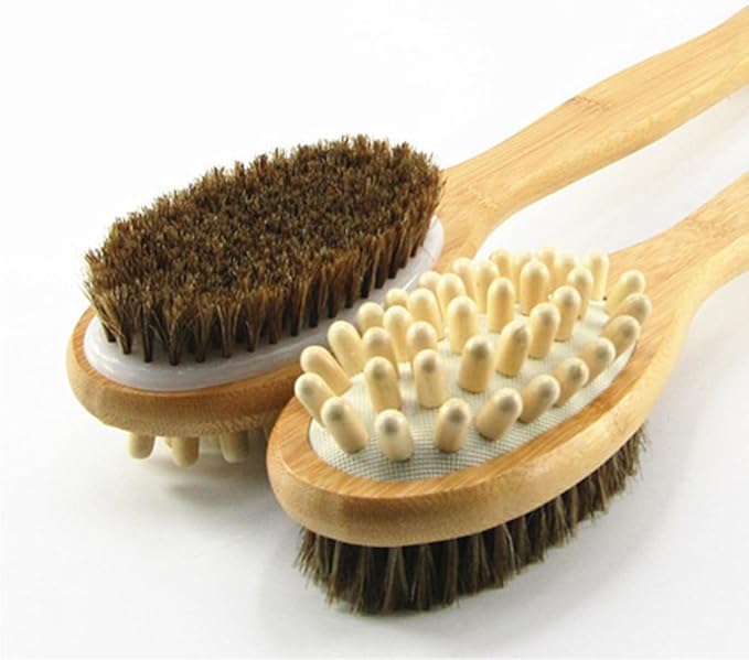 Bamboo Handle Dry Body Brush with Soft Natural Horsehair Bristles & Solid Wood Massage Nodes, Dual-Sided Long Handle Bath Shower Brush Back Scrubber. (15.7" Brown)
