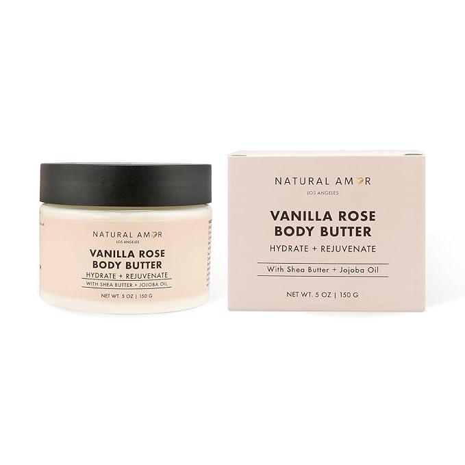 Natural Amor Vanilla Rose Body Butter with Shea Butter & Jojoba Oil – Deep Moisturizing Cream for Dry Skin – Non-Greasy Daily Skincare for Women & Men – 5oz