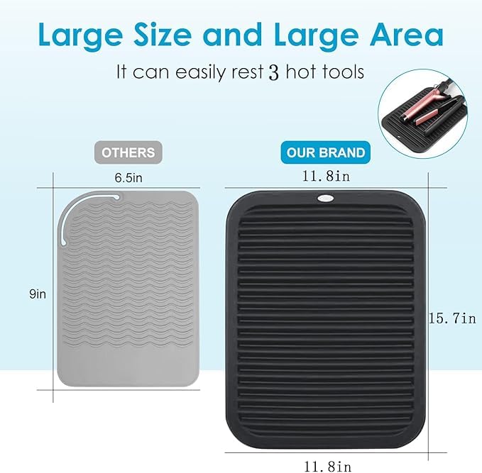 Oversize 15.7" x 11.8" Heat Resistant Mat, Portable Travel Silicone Heat Mat for Curling Irons, Flat Irons, Hair Straightener and Hot Hair Styling Tools, Hot Iron Holster, Vanity Pad with Ties Black