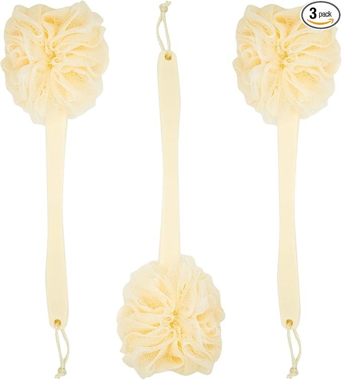 Juvale Exfoliating Luffa Shower Scrubber & Bath Scrubber for Body - 18 in, Ivory, 3-Pack - Loofah on a Stick & Shower Brush for Back