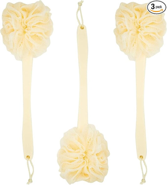 Juvale Exfoliating Luffa Shower Scrubber & Bath Scrubber for Body - 18 in, Ivory, 3-Pack - Loofah on a Stick & Shower Brush for Back