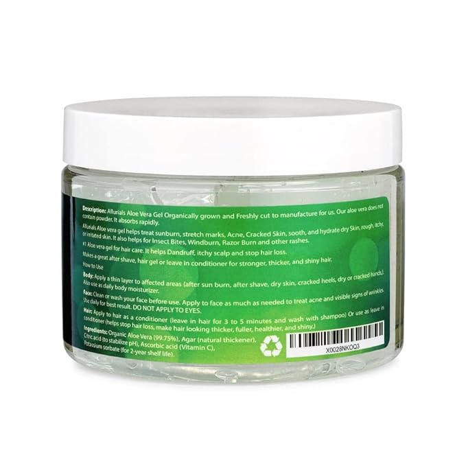 Allurials 99.75% Pure & Organic Aloe Vera Gel - Made in USA, Clinically tested & Dermatologist approved, Hydrates & Heals Dry & Damaged Skin & Hair- 12 Oz