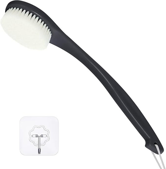 Back Brush Long Handle for Shower, Soft Bristle Back Scrubber for Shower, Ergonomics Curved Long Handle Bath Brush Exfoliating Body Scrubber with Hook and Lanyard-Black