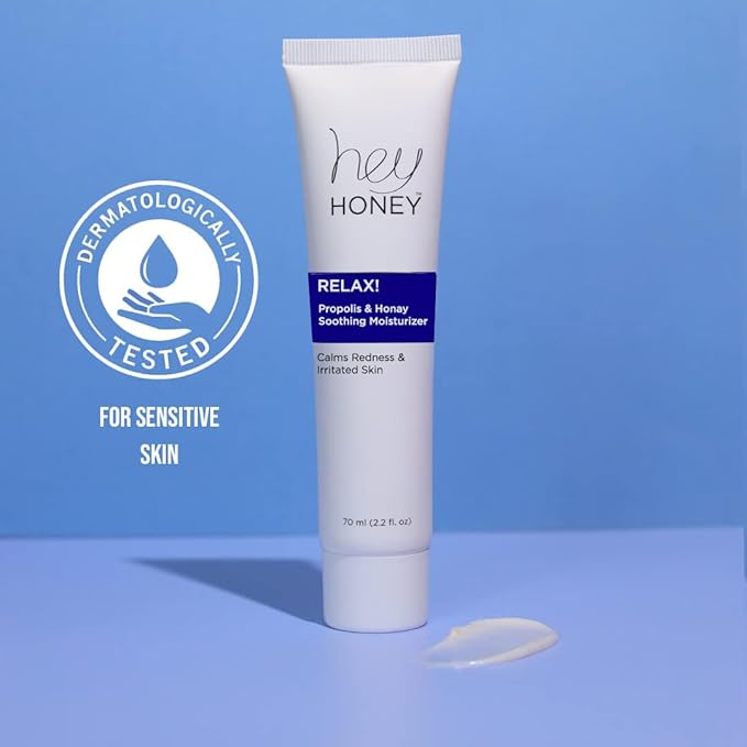 Hey Honey Skincare Relax - Instant Rosacea Relief Cream for Sensitive Skin | Calming Face Moisturizer for Facial Redness & Irritation | Dermatologist Tested, Oil-Free with Honey & Propolis | 2.2 Oz