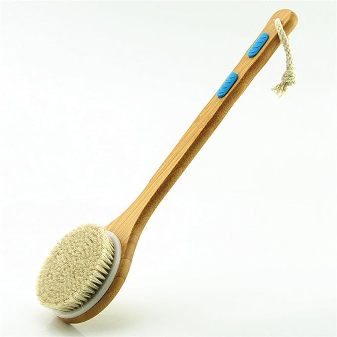 17” Extra Long Handle Dry Bath Body Brush Back Scrubber, Anti-Slip Bamboo Handle Bath & Shower Brush with Soft Dense Horsehair Mane Natural Bristles. (Brown)