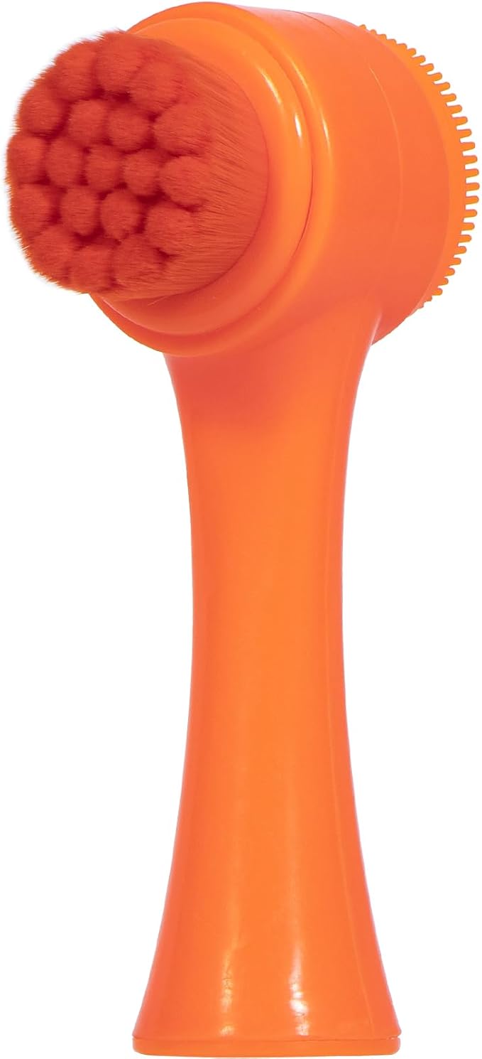 Face Brush 2 in 1, Silicone Facial Cleansing Exfoliating Brush Soft Bristles Pore Deep Cleansing Manual Dual Face Wash Scrub Brush for Massaging, Makeup Skincare Removal, Fluorescent Orange