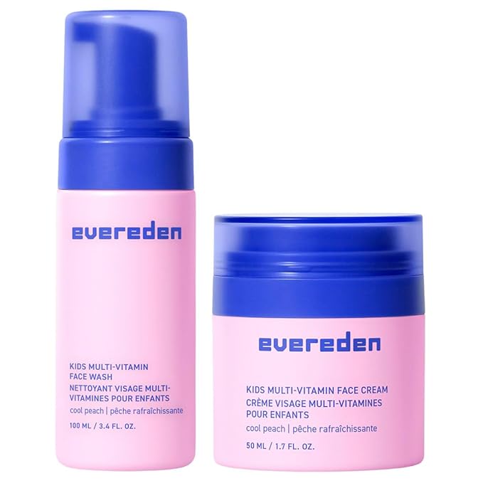 Evereden Kids Happy Face Duo (Cool Peach) - Multi-Vitamin Face Wash & Face Cream Set - Clean & Vegan Skin Care for Kids 3+ - Moisturizing, Nourishing, & Protective Skin Care Set