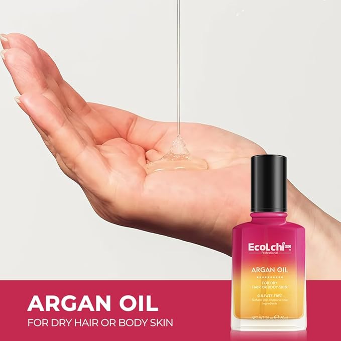 Ecolchi Argan Hair Oil Hair Serum Cold Pressed Weightless Vitamin E Argan Oil Hair Treatment for Dry Damaged Hair Body Skin 60ml