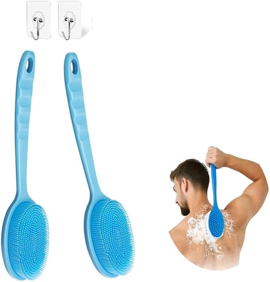 14.5inch Silicone Back Scrubber for Shower 2pcs（Blue）,Exfoliating Shower Brush,Double Sided for Exfoliating and Massage，Long Handle Back Scrubber for Men and Women. Includes 2 Hooks (Include Hook)