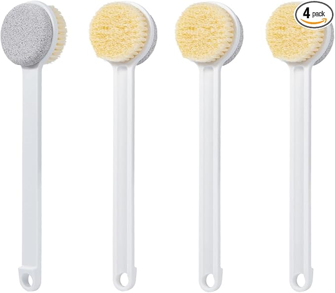 Pumice Stone for Feet and Shower Brush with Long Handle, 4Pcs Hard Skin Callus Remover, 2 in 1 Foot Scrubber Brush, Back Scrubber Body Brush for Shower Deep Cleansing and Exfoliating, Straight