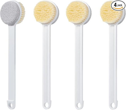 Pumice Stone for Feet and Shower Brush with Long Handle, 4Pcs Hard Skin Callus Remover, 2 in 1 Foot Scrubber Brush, Back Scrubber Body Brush for Shower Deep Cleansing and Exfoliating, Straight