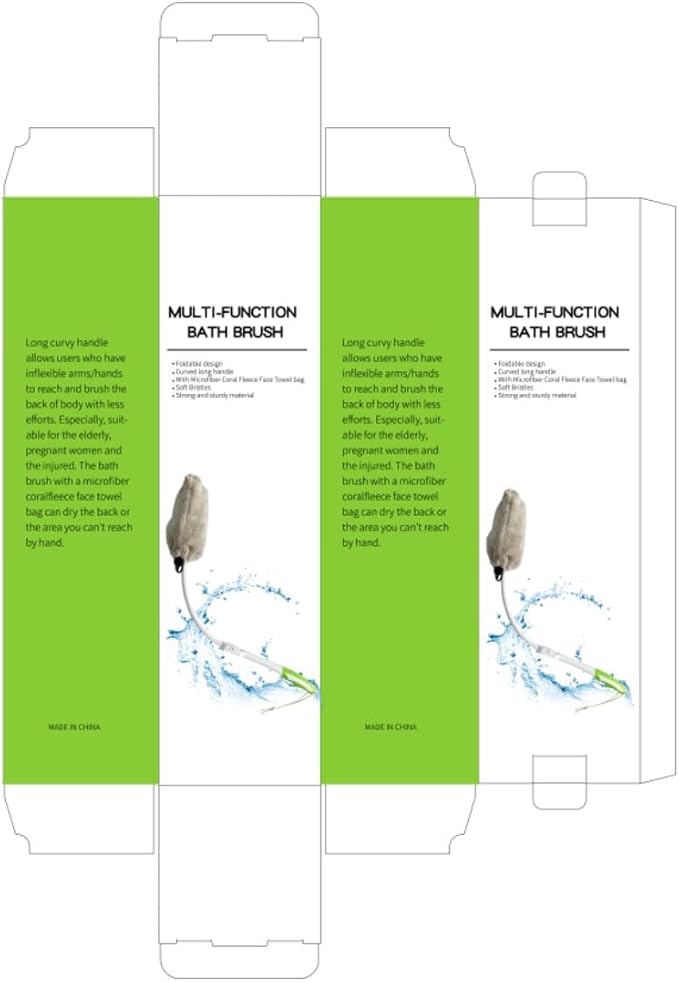 Back Scrubber Bath Brush for Shower Curved Long Handle, Foldable Handled Shower Body Brush Whith Absorbent Microfiber Bag Can Quickly Dry Your Back