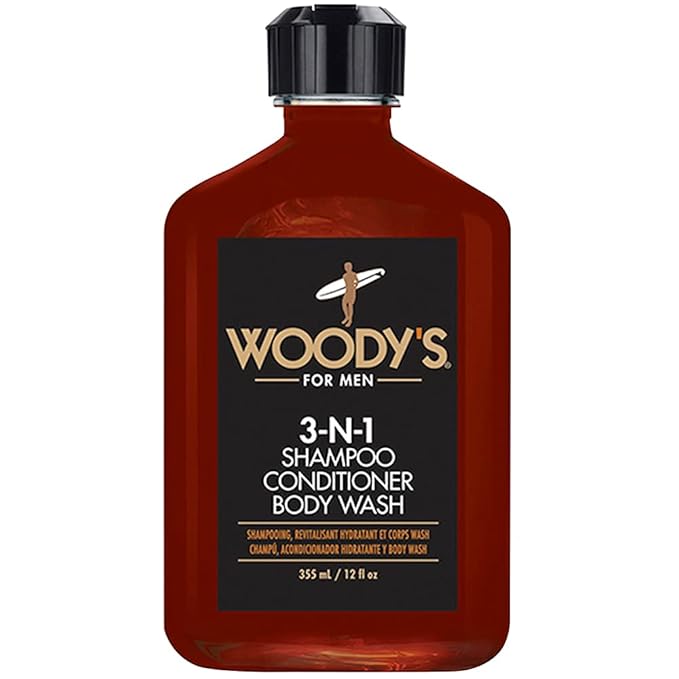 Woody's 3-in-1 Shampoo, Conditioner & Body Wash for Men, Travel-Size, All-in-One Hair & Body Cleanser for Daily Use, 12 fl oz