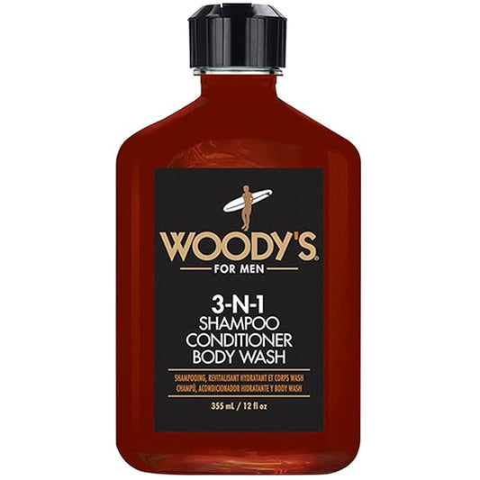 Woody's 3-in-1 Shampoo, Conditioner & Body Wash for Men, Travel-Size, All-in-One Hair & Body Cleanser for Daily Use, 12 fl oz