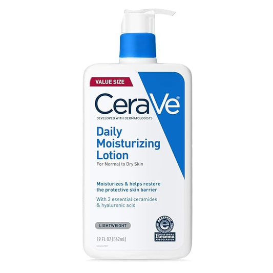 CeraVe Daily Moisturizing Lotion for Dry Skin, Body Lotion & Face Moisturizer with Hyaluronic Acid and Ceramides, Daily Moisturizer, Fragrance Free, Oil-Free, 19 Ounce