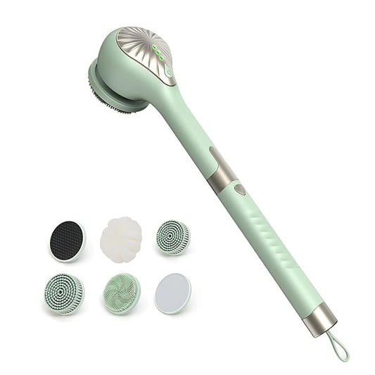 Electric Body Brush Back Scrubber for Shower, IPX6 Water Proof Bath Brush with Long Handle, 6 Heads 3 Speeds Rechargeable Electric Spin Scrubber for Cleanse, Massage, Exfoliate
