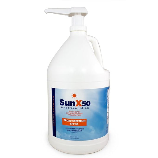 CoreTex Sun X 50 SPF Broad Spectrum Sunscreen Lotion - 1 Gallon Jug & Pump Bottle of Paraben, Oxybenzone, Octinoxate, & Oil Free Sunscreen - No White Cast and Water Resistant Up to 80 Minutes
