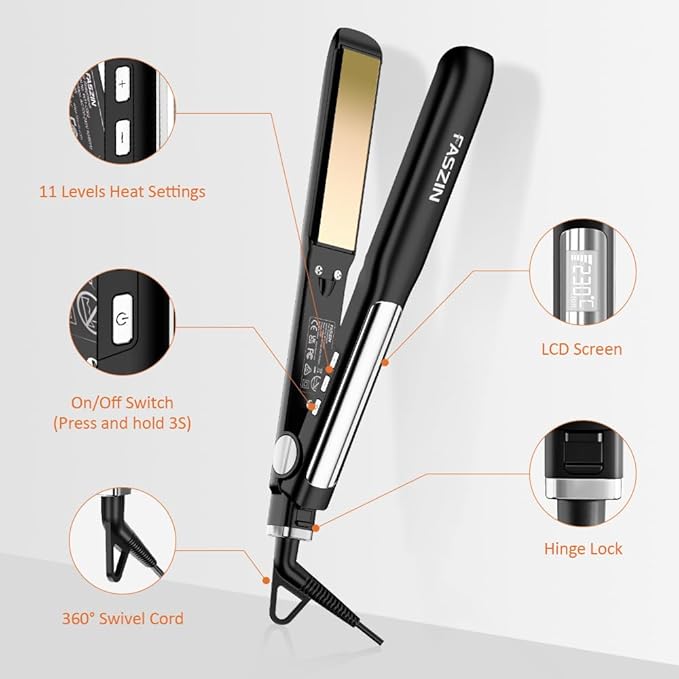 Faszin Professional Hair Straightener, 1.18 inch Ionic Titanium Plate, 20S Fast Heat Up Flat Iron with Clear LED Display, 2 in 1 Straightener and Curler Styling Tool for Straighten Hair (Black)