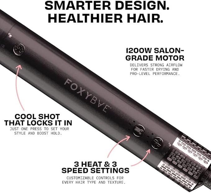 FoxyBae Super Styler Pro Interchangeable Hair Styler Wand Curling Iron Set - w/Drying Cylinder, Ceramic Blowout & Round Brushes, 2 Auto-Wrap Curlers - Frizz-Free, Smooth Hair (Black Rose-Gold)