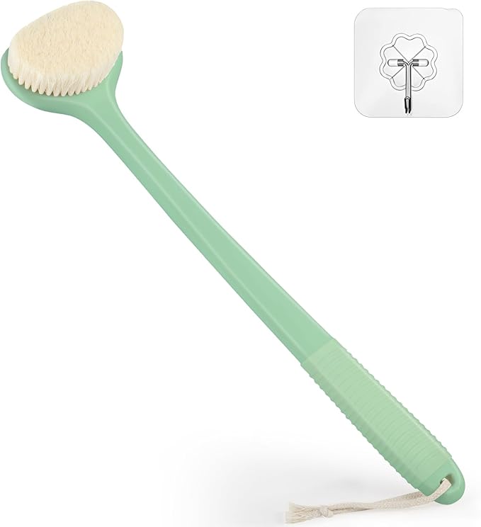 VANZAVANZU Back Scrubber for Shower, Bath Brush with 17-Inch Long Anti-Slip Handle, Wet and Dry Brushing Body Brush for Body Cleansing, Back Brush for Men and Women (Pea Green)