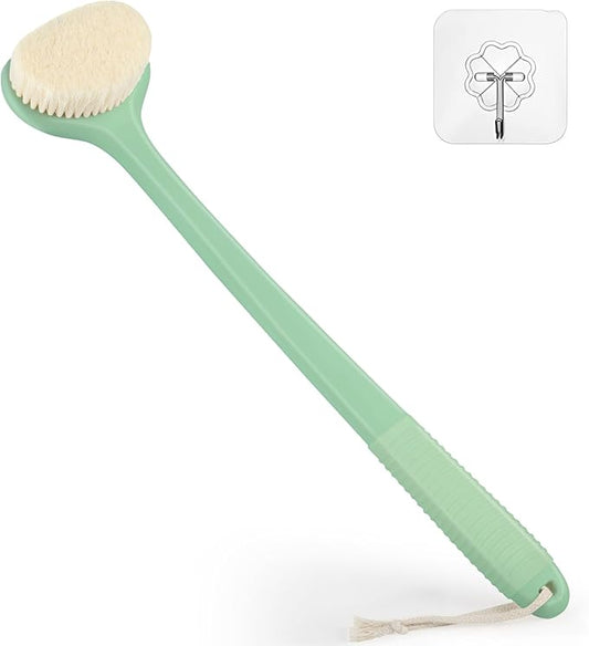 VANZAVANZU Back Scrubber for Shower, Bath Brush with 17-Inch Long Anti-Slip Handle, Wet and Dry Brushing Body Brush for Body Cleansing, Back Brush for Men and Women (Pea Green)