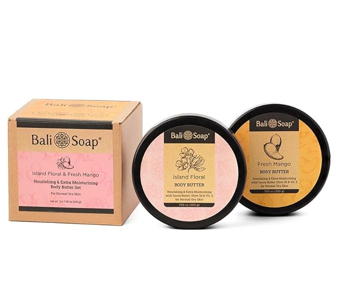 Bali Soap - Island Floral & Fresh Mango - Mix Set of 2 - Nourishing and Extra Moisturizing Body Butter For Dry Skin - Enriched with Cocoa Butter, Olive Oil, Aloe Vera and Vitamin E - 7 oz each