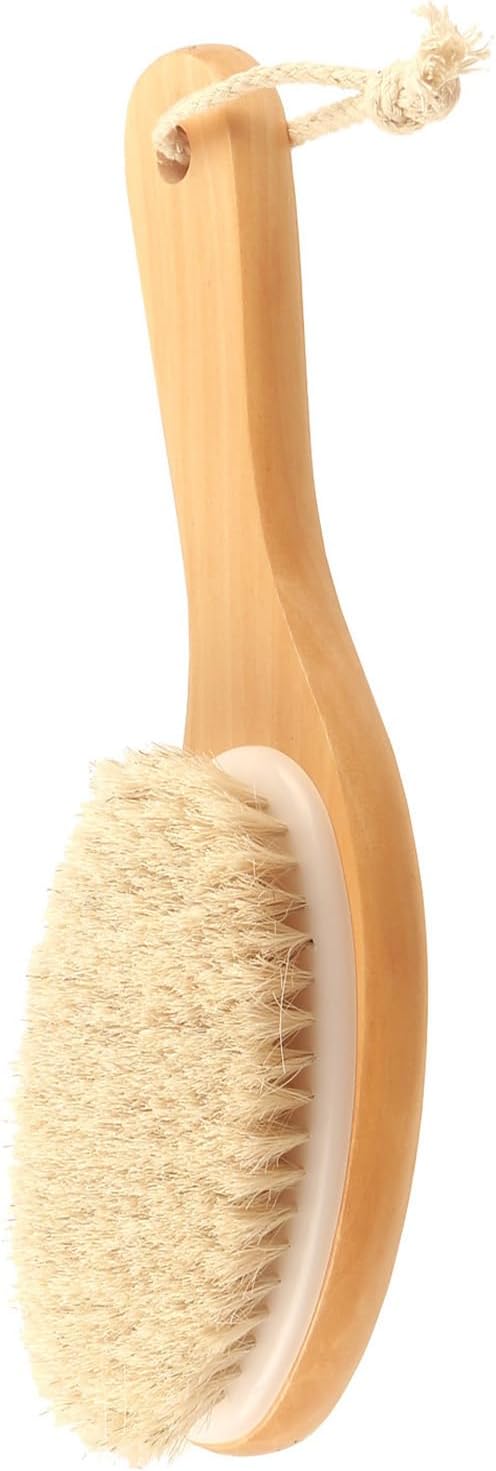 Curved Handle Dry Bath Body Brush Scrubber with Natural Bristles, 9.84 Inch Wood or Bamboo Handle Shower Brush for Detox, Exfoliating, Cellulite, etc. (White Horsehair Wood Handle)