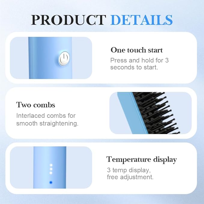 Cordless Hair Straightener Brush, Portable Mini Hair Straightening Comb with 3 Temperature Options, Fast Heating Travel Hair Straightener for Women (Blue)