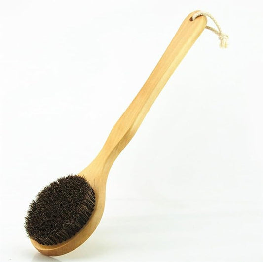 16” Extra Long Handle Dry Bath Body Brush Back Scrubber, Wood Handle Bath & Shower Brush with Soft Dense Horsehair Mane Natural Bristles. (Brown)