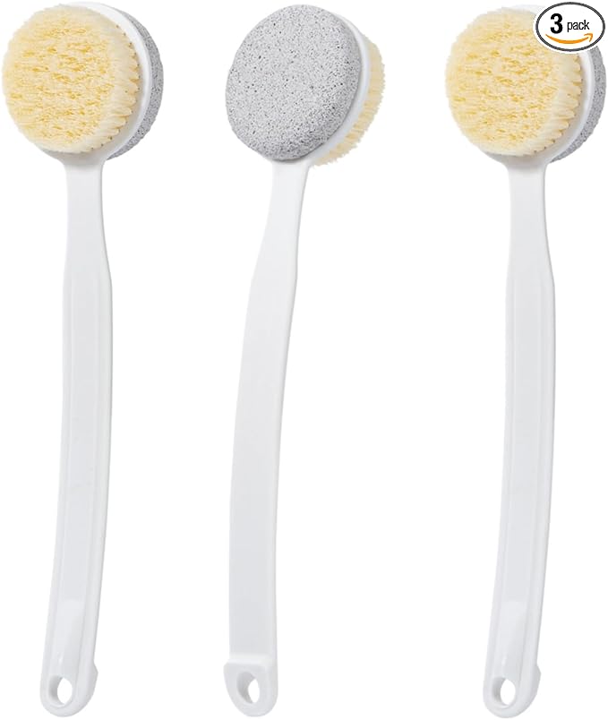 Pumice Stone for Feet and Shower Brush with Long Handle, 3 Pcs Hard Skin Callus Remover, 2 in 1 Foot Scrubber Brush, Back Scrubber Body Brush for Shower Deep Cleansing and Exfoliating (Curved)