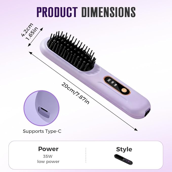 Go Brush Pro, 2026 New Hair Straightener Brush, Portable Straightener Brushes for Travel with LCD Temperature Display, Fast Heating Mini Hair Brush for Women (Purple)
