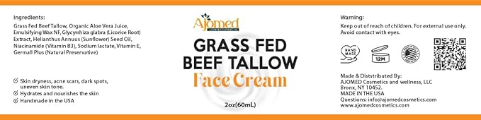 Beef Tallow Face Moisturizer - Grass Fed Beef Tallow for Skin Care- unscented Handmade Tallow face Cream- organic tallow balm for Sensitive Dry Skin, Eczema, Psoriasis, sunburn (OATMEAL & HONEY)