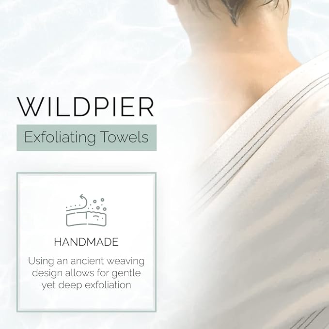 Wildpier 𝗪𝗶𝗹𝗱𝗽𝗶𝗲𝗿 Beauty Exfoliating Wash Towel, Washcloth Body Scrub for Bath Shower Spa, Back Washer, Dead Skin Cell Remover, Plant Based Deep Exfoliation Scrubber, White
