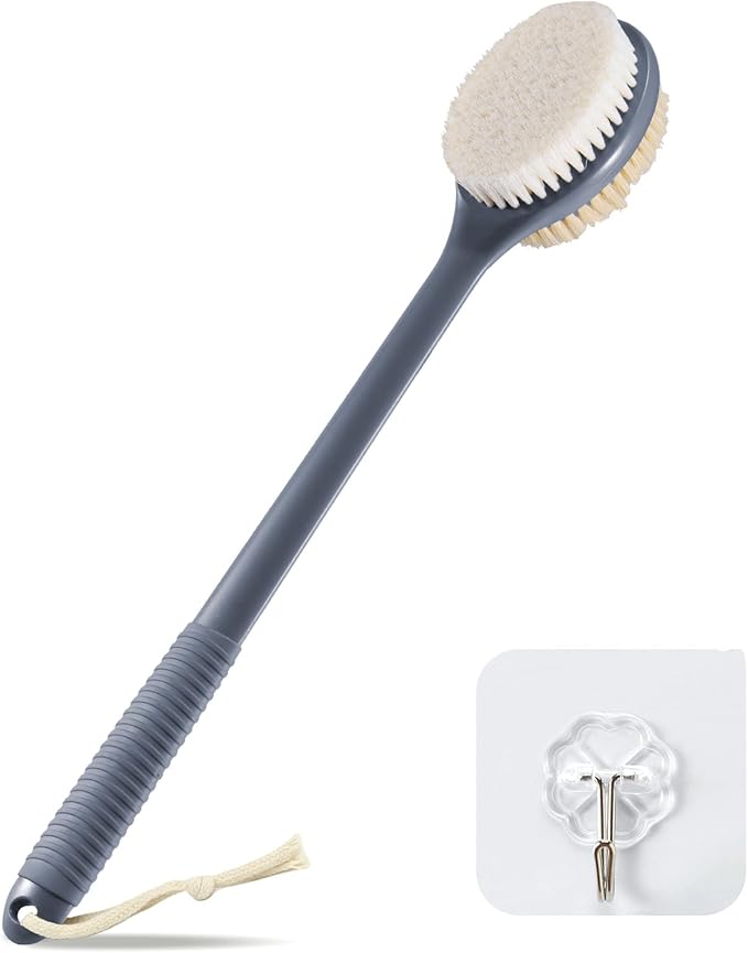 VANZAVANZU 17 Inch Anti-Slip Long Handle Back Scrubber for Shower – Dual-Sided Shower Brush and Shower Back Scrubber with Soft and Stiff Bristles for Wet or Dry Brushing (Gray)