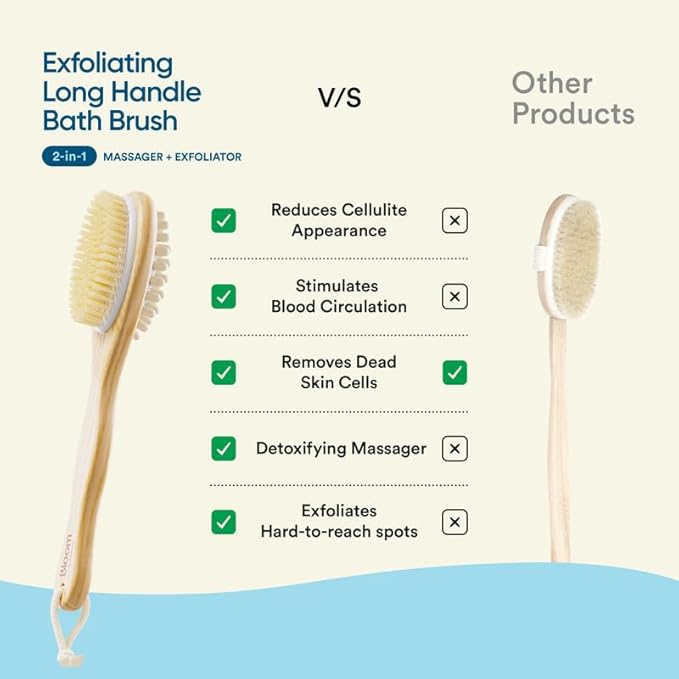 Bloom 2-in-1 Long Handle Body Brush | 1 Unit | for Skin Exfoliation and Massage | Reduces Cellulite | Stimulates Blood Circulation & Reduces Dead Skin Cells | Natural, Soft Bristles