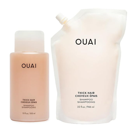 OUAI Thick Shampoo + Refill - Moisturizing Shampoo with Keratin, Marshmallow Root, Shea Butter & Avocado Oil for Thick Hair - Strengthens & Hydrates - Sulfate Free (2 Count, 10 Oz/32 Oz)
