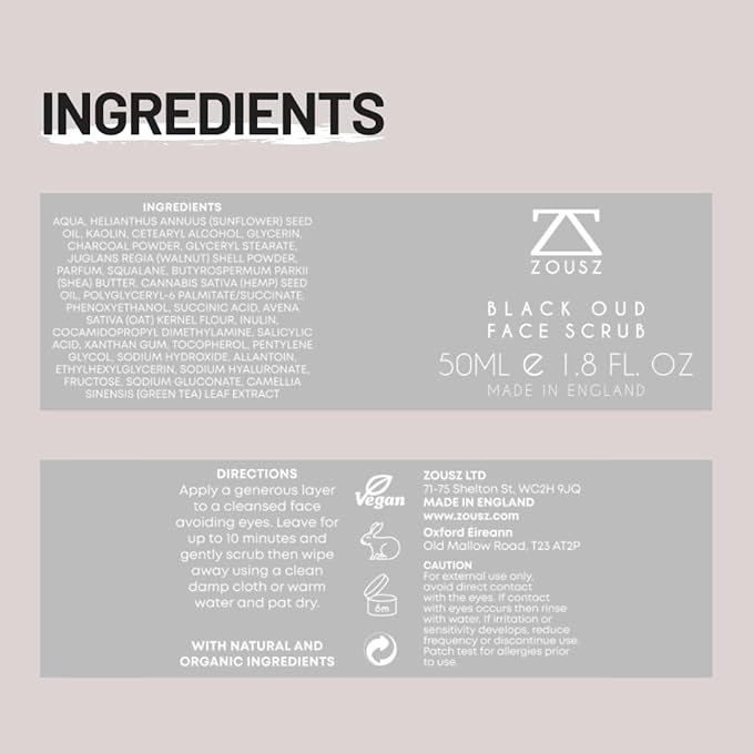 ZOUSZ Black Oud Charcoal Men’s Face Scrub & Mask – Deep Cleansing Exfoliating Clay Face Wash with Activated Charcoal, Salicylic Acid & Hyaluronic Acid – Clears Pores & Revives Skin – 50ml